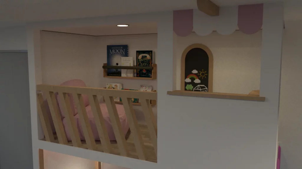 Habitación GoMax Kids con zona elevada, rincón de lectura, pizarra y juego simbólico tipo tienda