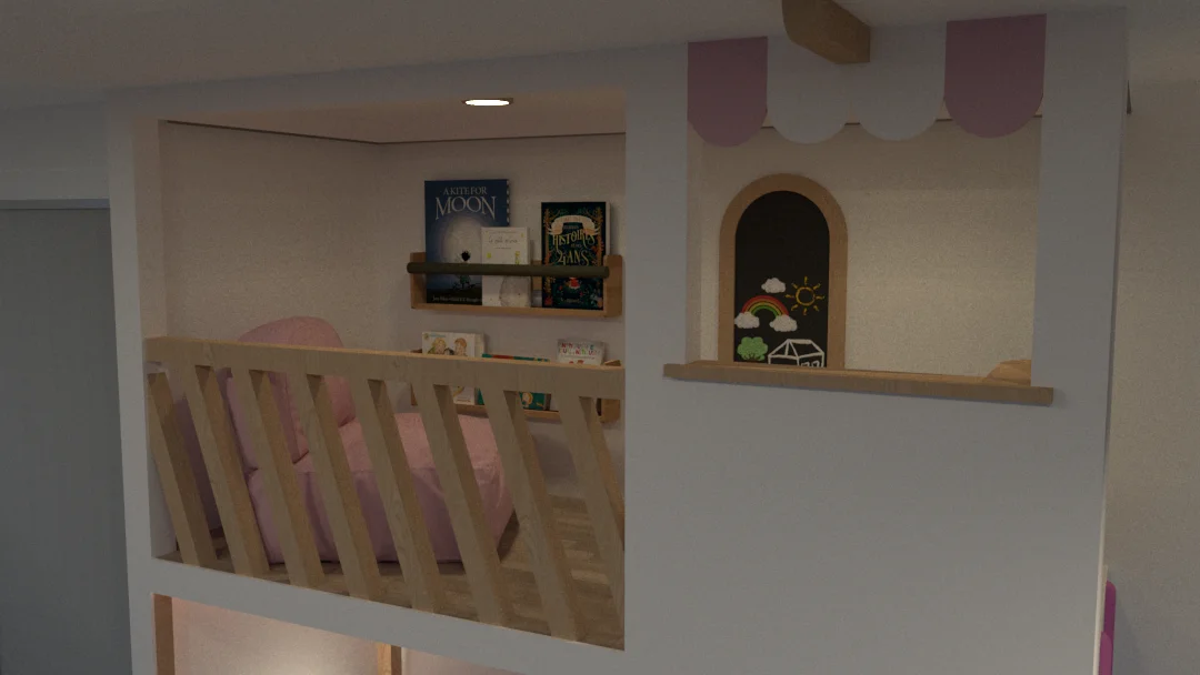 Habitación GoMax Kids con zona elevada, rincón de lectura, pizarra y juego simbólico tipo tienda