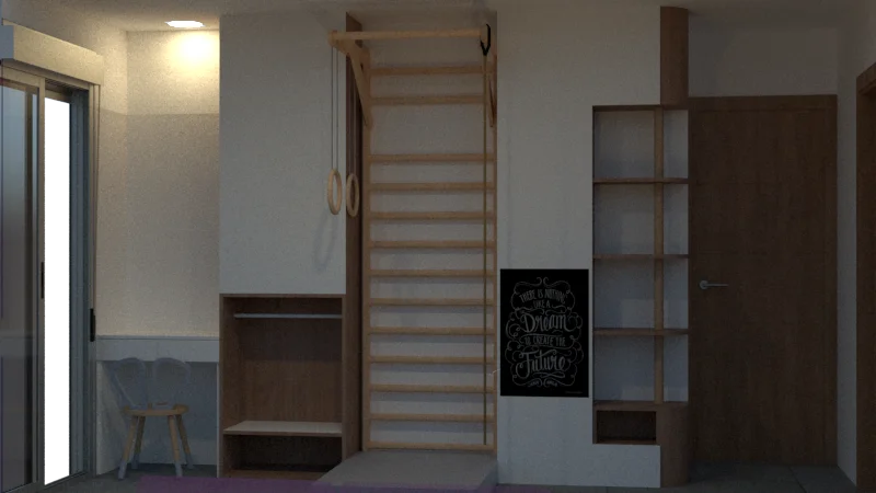 Habitación GoMax Kids con espaldera, anillas, pizarras, almacenaje y armario Montessori