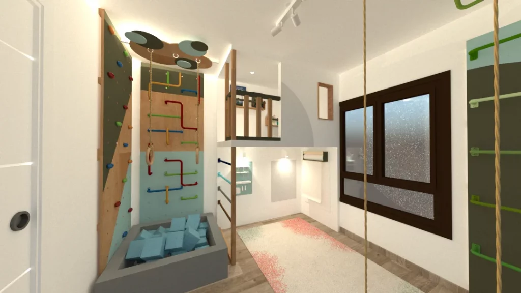 Habitación de juego GoMax Kids con zona elevada, paneles de Lego, pizarras y rocódromo con colchoneta Foampic