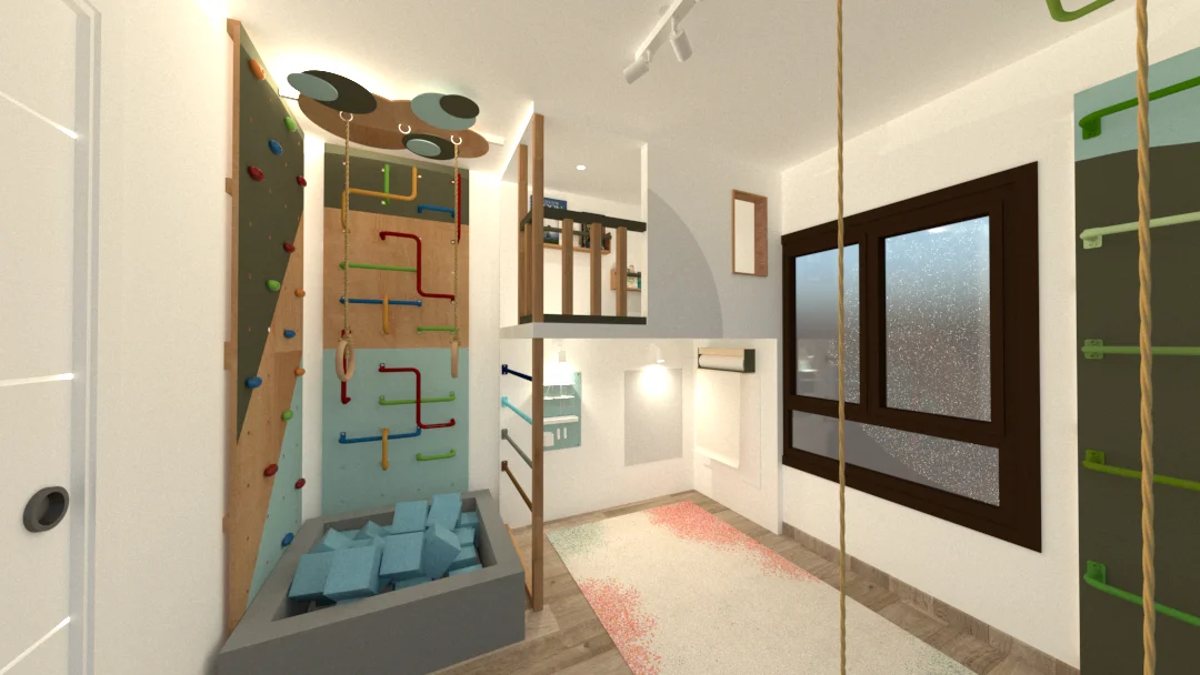 Habitación de juego GoMax Kids con zona elevada, paneles de Lego, pizarras y rocódromo con colchoneta Foampic