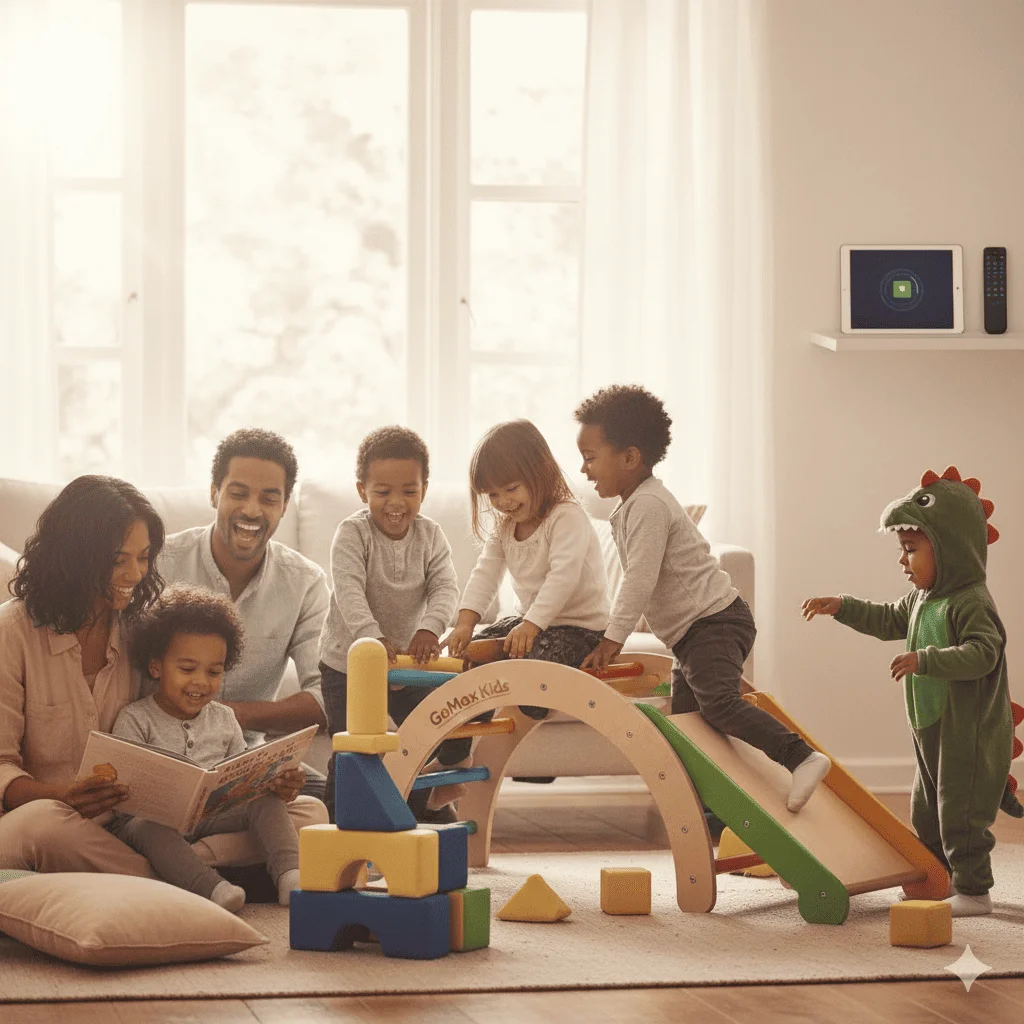 Familia con varios niños juega en casa usando una estructura de madera GoMax Kids, fomentando el movimiento y la creatividad sin pantallas.