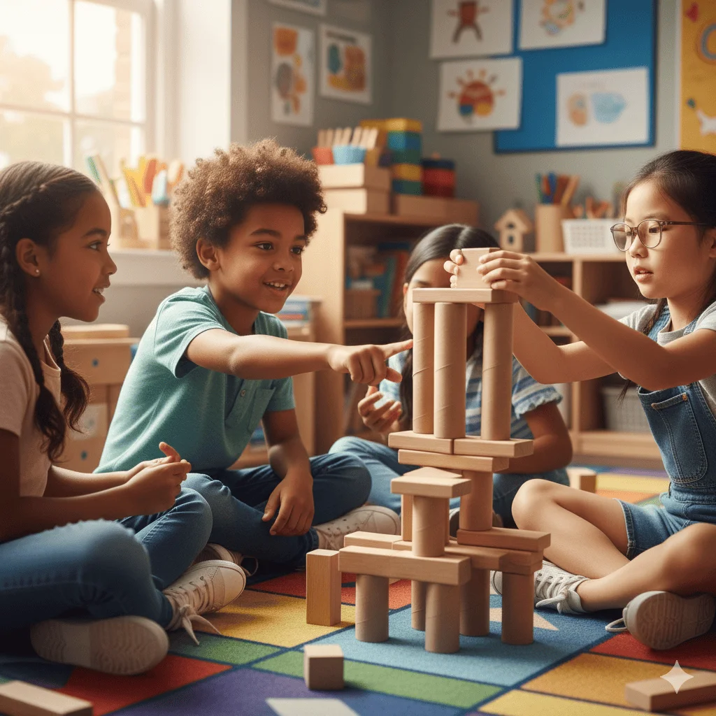 Juego social infantil: niños colaborando y divirtiéndose en actividades de grupo