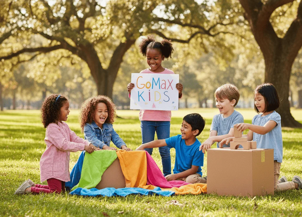 Juego social infantil: grupo de niños cooperando y divirtiéndose al aire libre con GoMax Kids