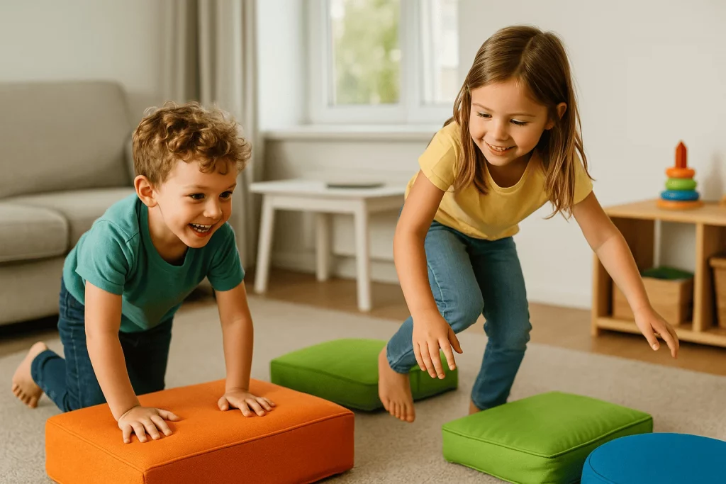 Dos niños se divierten construyendo un circuito con cojines en el salón, fomentando el movimiento en lugar del uso de pantallas.