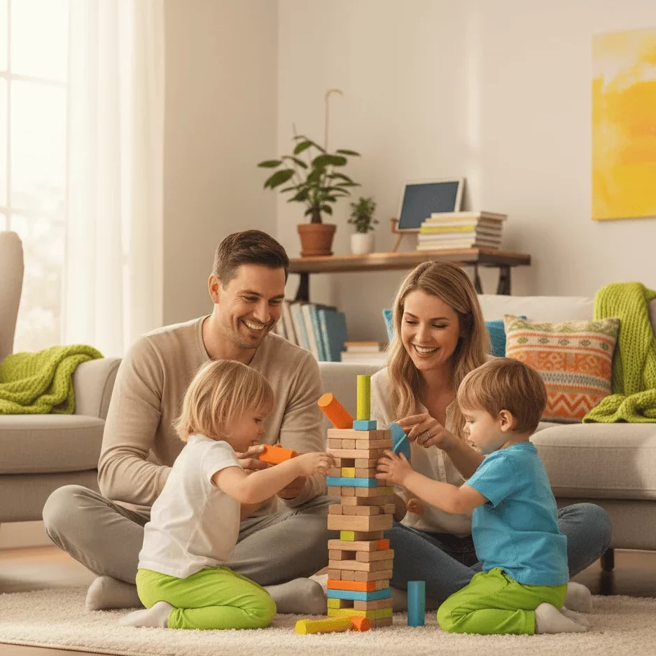 Familia jugando con bloques de construcción en casa, sin pantallas, fomentando el juego activo y la conexión.