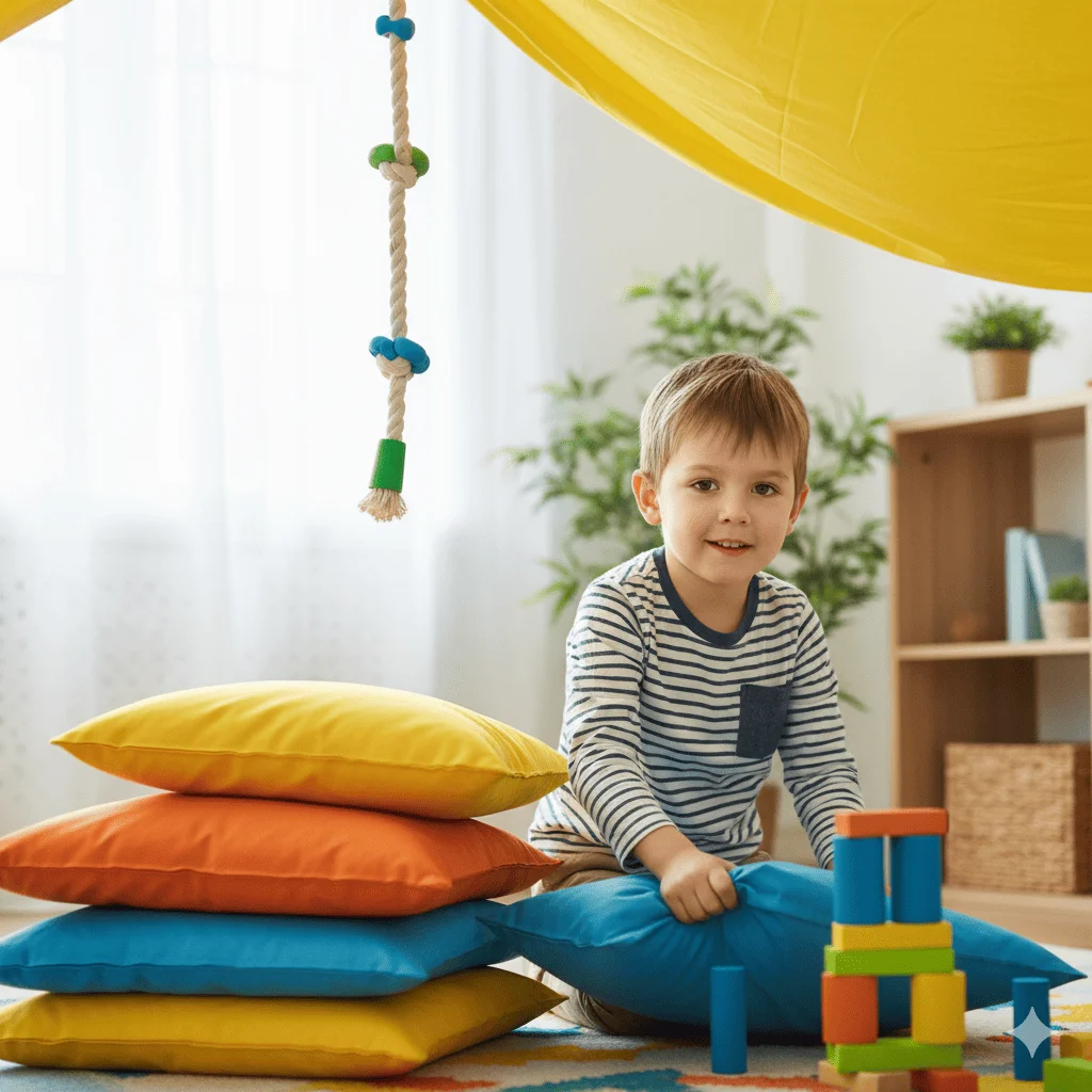 Niño organizando un rincón de juego activo en casa, con cojines y materiales coloridos, sin usar la tablet.