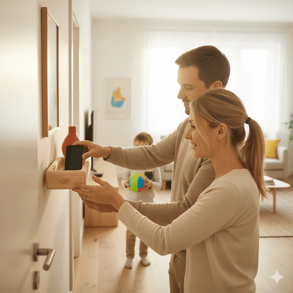 🧾 Texto alternativo (ALT text):
Padres dejando el móvil al llegar a casa para compartir tiempo de calidad con su hijo.