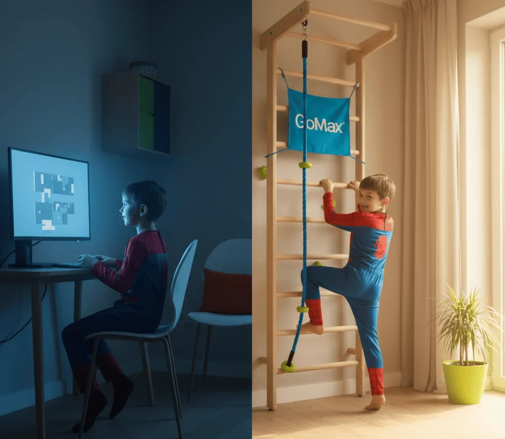 Composición dividida mostrando a un niño frente a una pantalla con luz azul y, en contraste, jugando activamente en una habitación GoMax bañada por luz cálida.