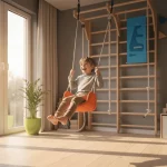 Niño jugando con energía en una habitación GoMax de madera clara con columpio y cuerda, iluminada por luz natural de tarde. Transmite diversión real y movimiento.
