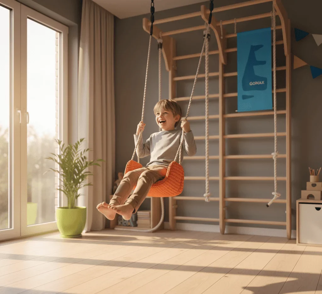 Niño jugando con energía en una habitación GoMax de madera clara con columpio y cuerda, iluminada por luz natural de tarde. Transmite diversión real y movimiento.