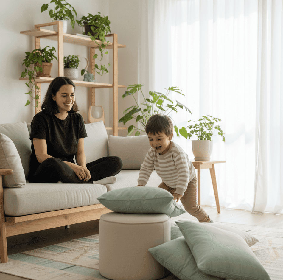 Niño jugando en casa mientras desarrolla la motricidad gruesa con la ayuda de su madre, en un ambiente cálido y familiar