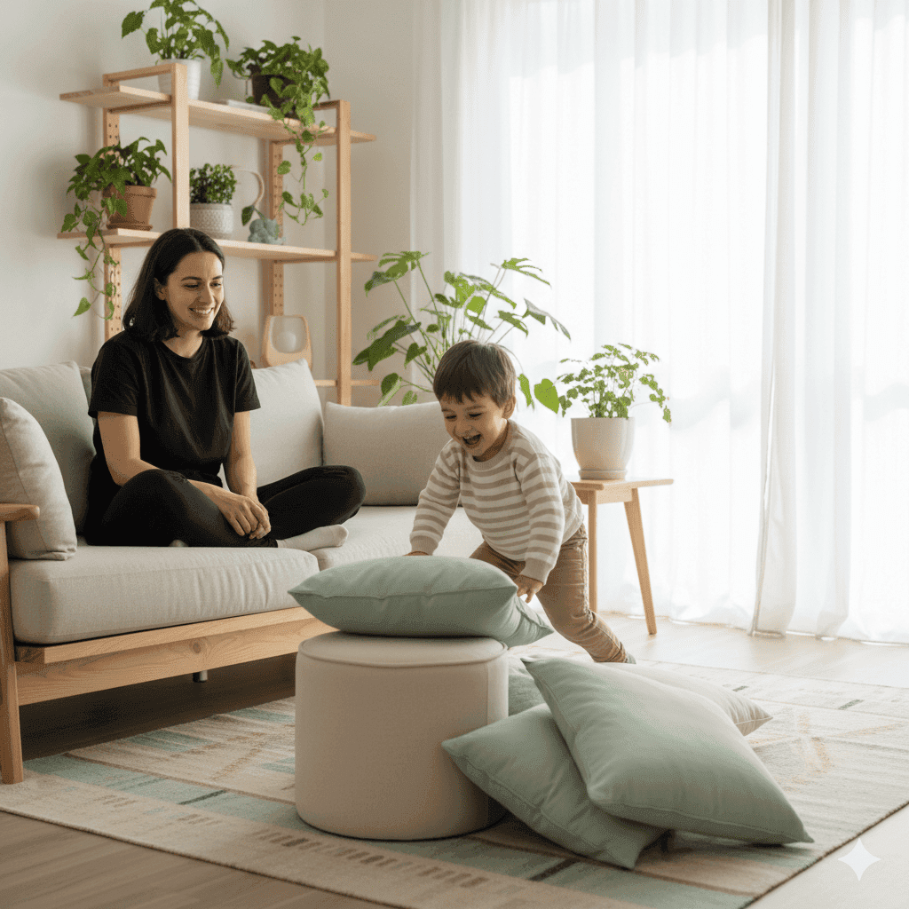 Niño jugando en casa mientras desarrolla la motricidad gruesa con la ayuda de su madre, en un ambiente cálido y familiar