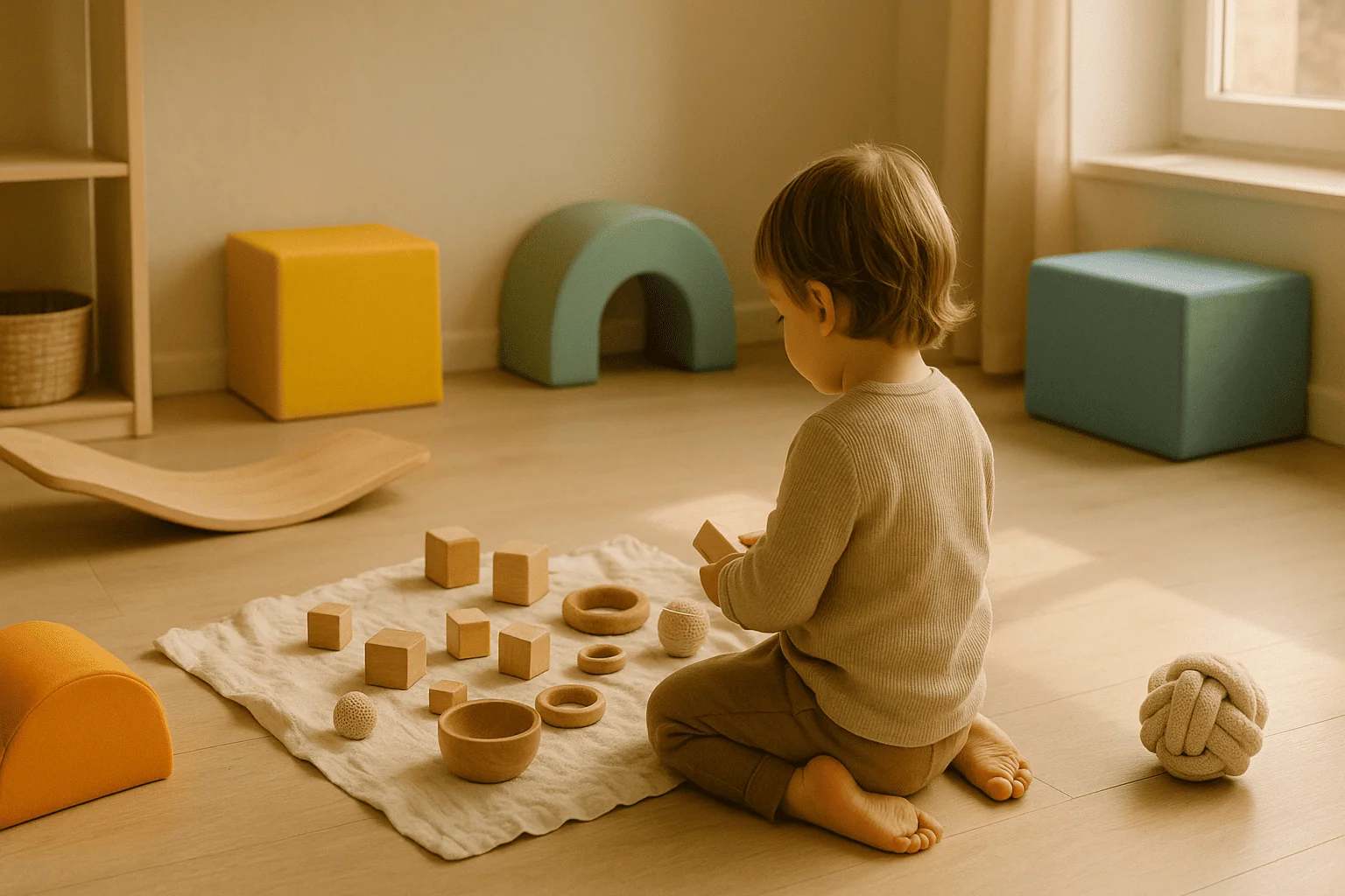 Niño explorando materiales abiertos en un espacio cálido sin pantallas, fomentando creatividad y movimiento libre.