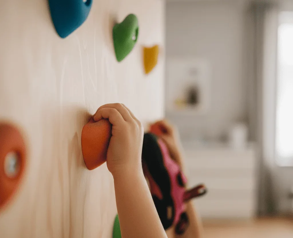 Detalle motriz de manos y pies en pared de escalada