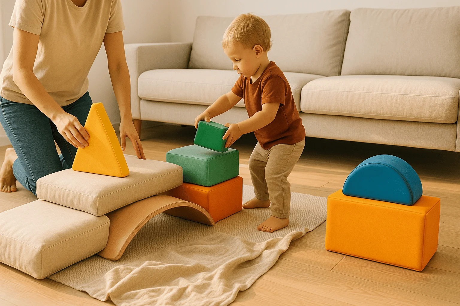 Padre e hijo creando un pequeño circuito casero con cojines y una tabla de equilibrio en un espacio cálido y luminoso