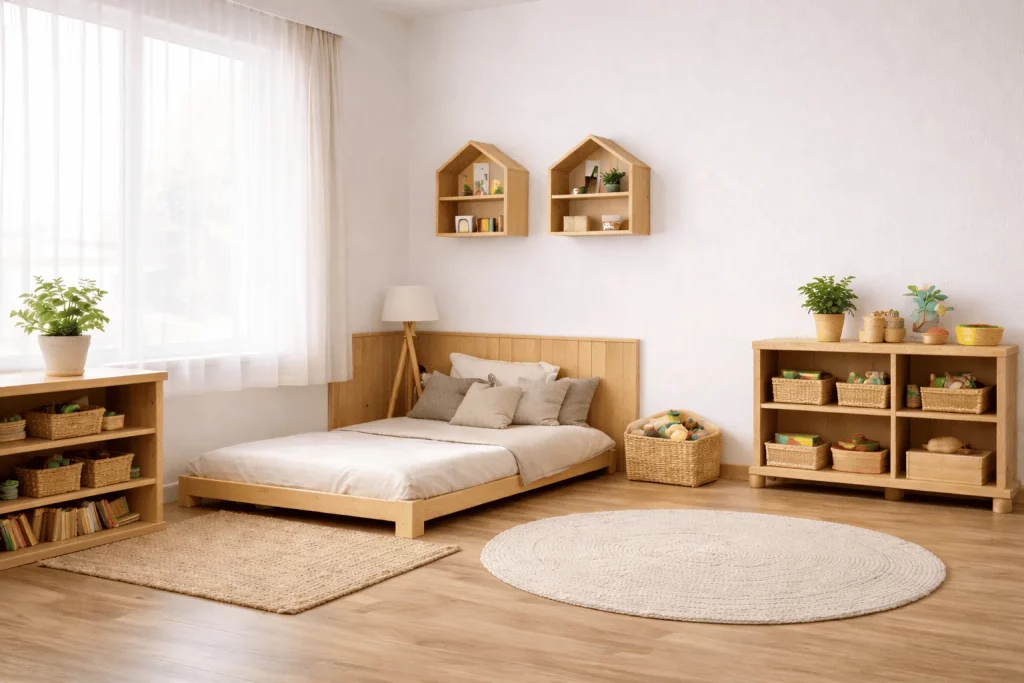 Habitación infantil Montessori con cama baja, estanterías abiertas y luz natural suave