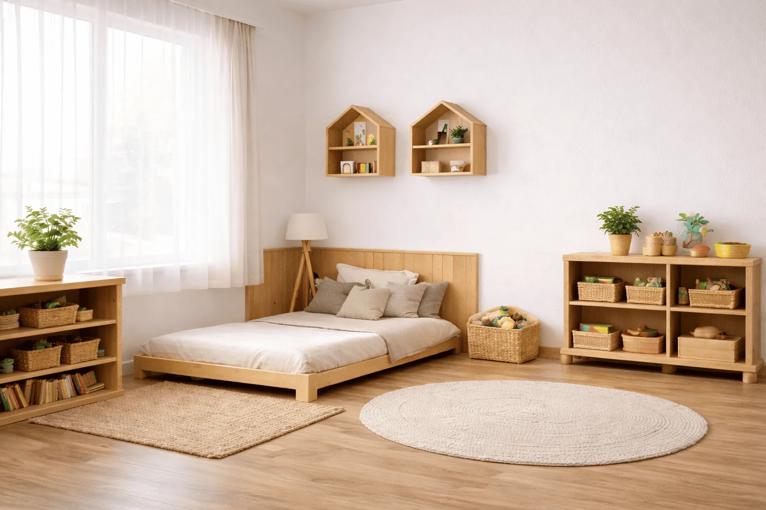 Habitación infantil Montessori con cama baja, estanterías abiertas y luz natural suave