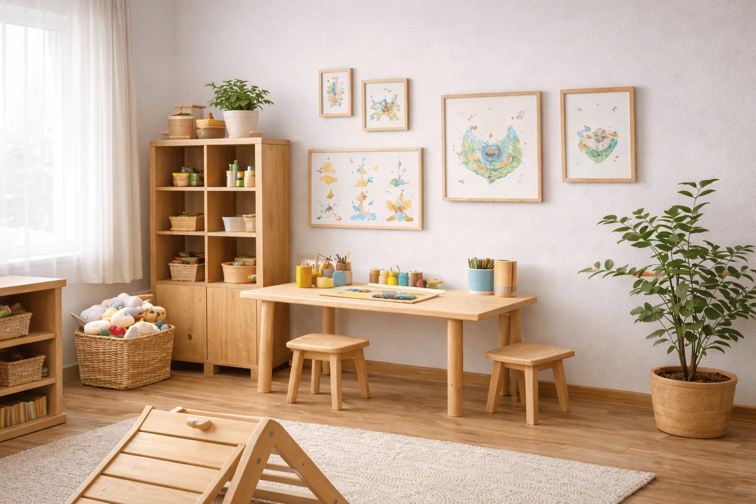 Zona de creatividad Montessori con mesa baja, estanterías abiertas y materiales de arte accesibles para el niño