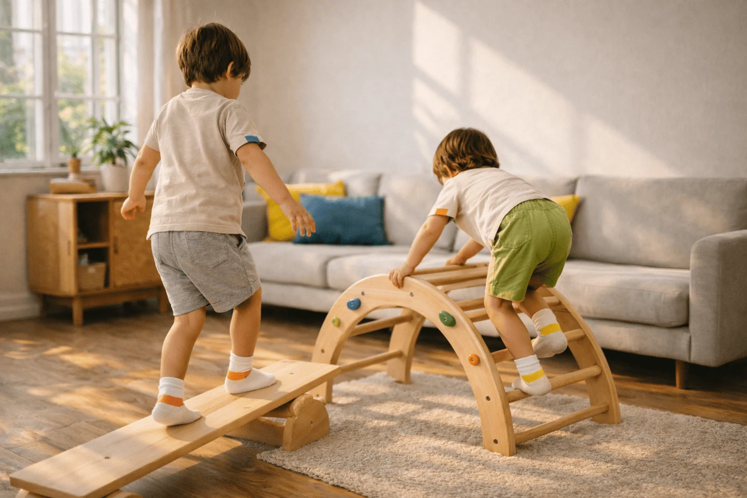 Niños usando un entorno motor infantil en casa con rampa y arco, juego activo en casa.