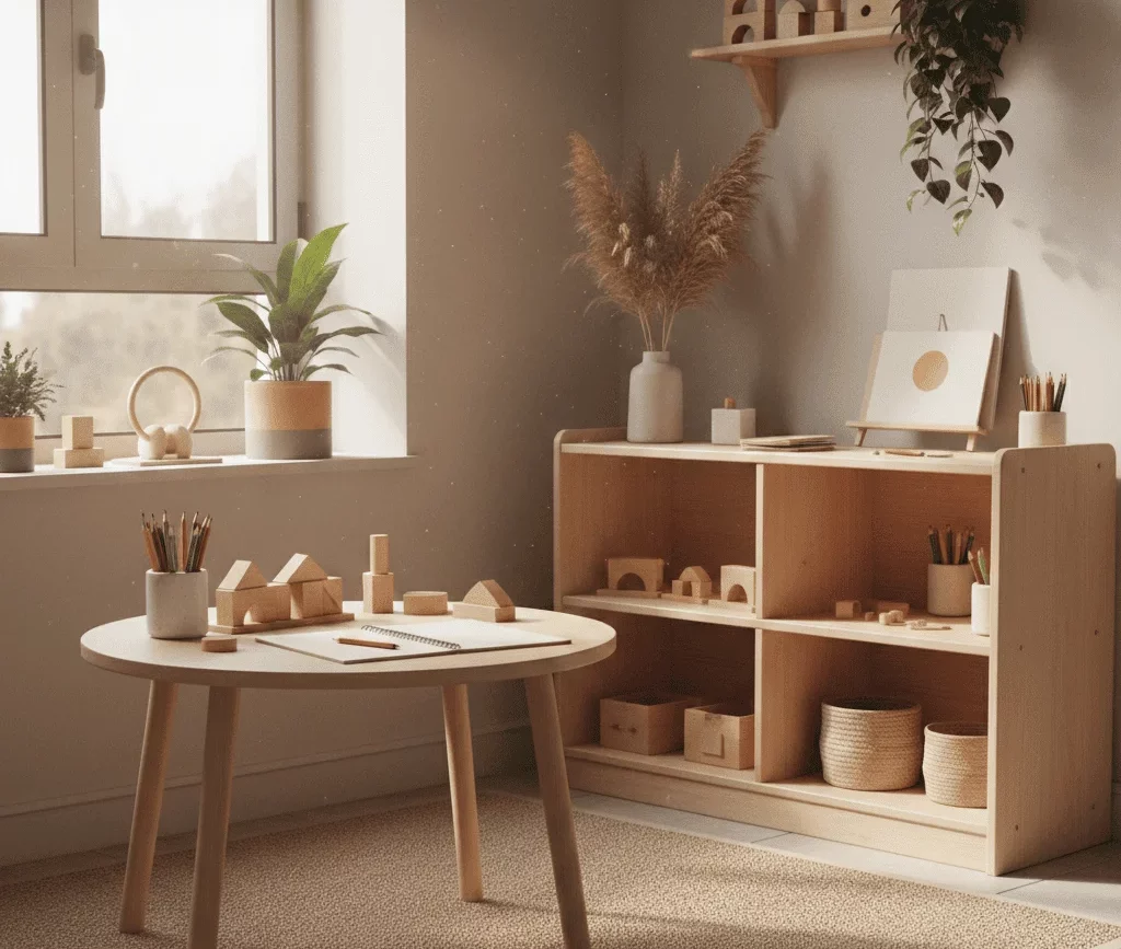 Rincón creativo infantil realista y luminoso con mobiliario natural inspirado en GoMax Kids.