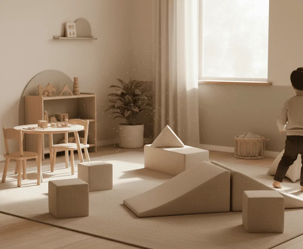 Zona de juego infantil con módulos y materiales abiertos que fomentan el juego social en un ambiente realista y cálido.