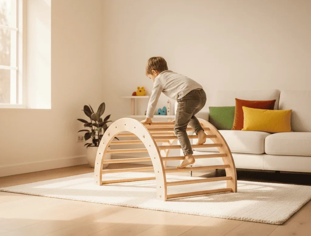 Niño trepando en módulo de motricidad gruesa dentro de un salón, desarrollo motor infantil.