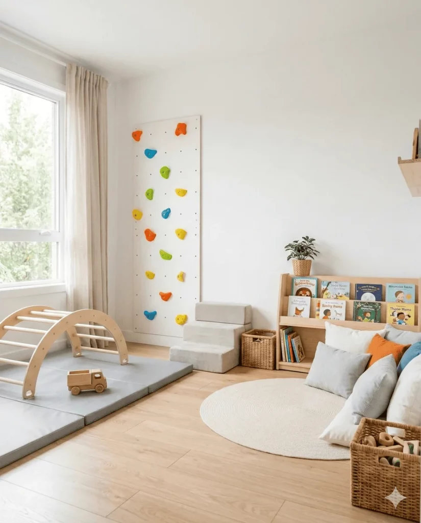 Habitación de juego activo infantil con rincón de lectura y estantería baja con libros accesibles