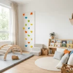 Habitación de juego activo infantil con rincón de lectura y estantería baja con libros accesibles