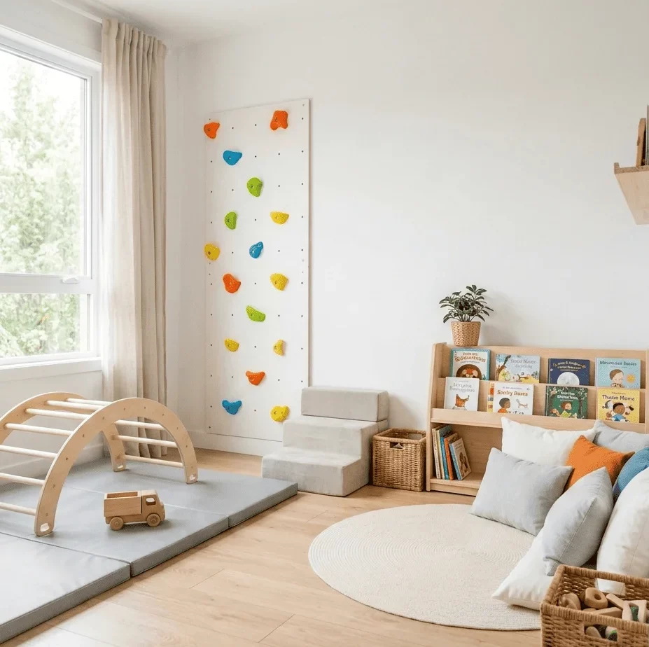 Habitación de juego activo infantil con rincón de lectura y estantería baja con libros accesibles