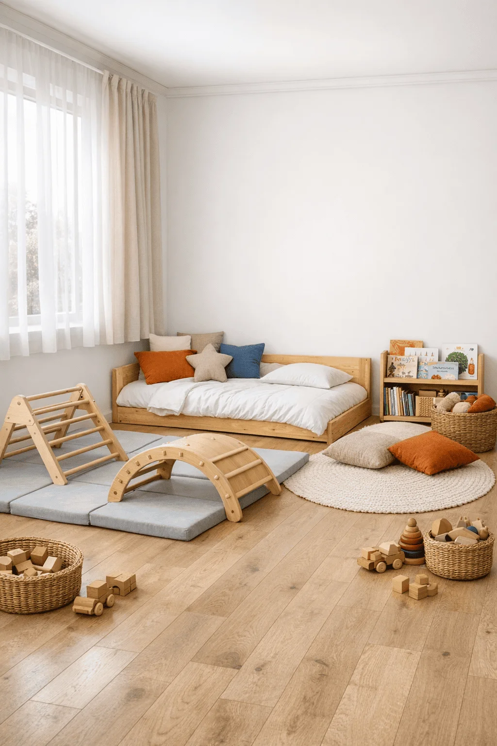 Zona de lectura infantil integrada en sala de juegos con elementos de movimiento y libros accesibles