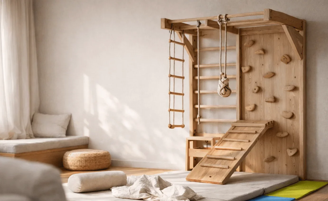 espacio de movimiento en casa con estructura de madera para mejorar escritura infantil