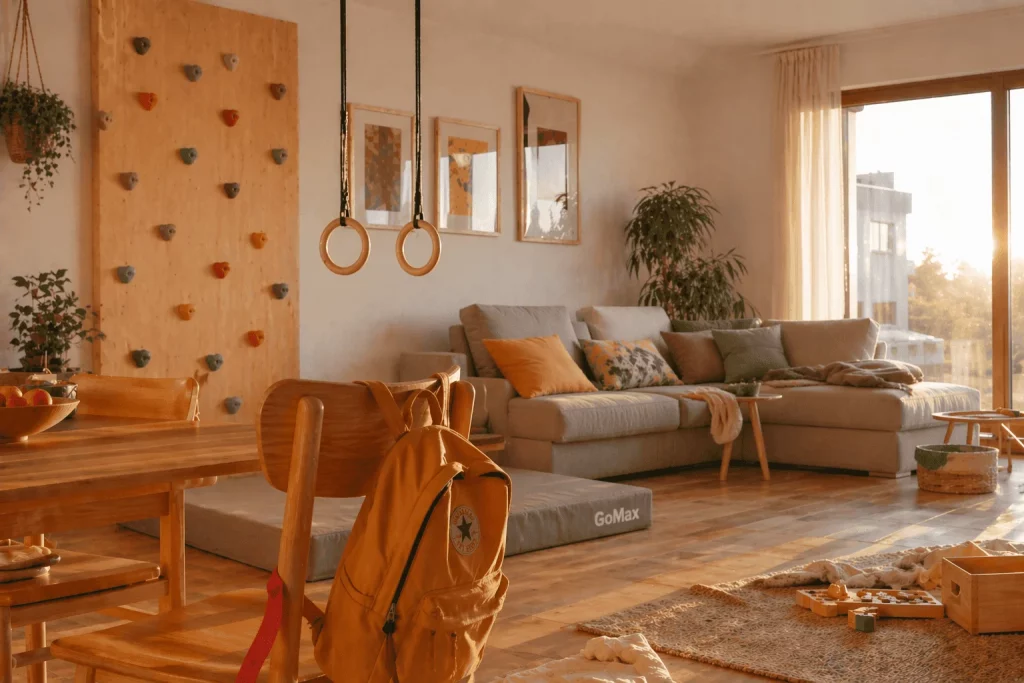 ambiente de tarde en casa con espacio de juego activo para niños