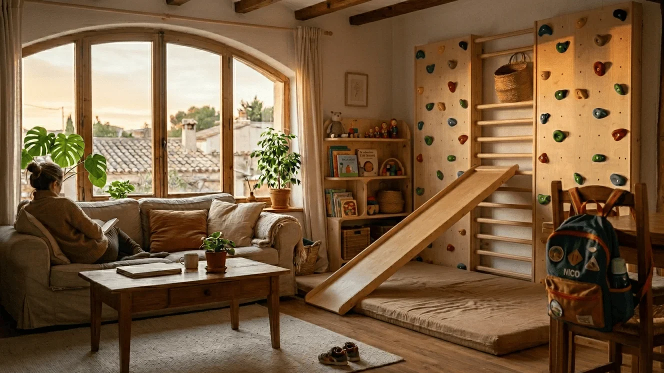 ambiente de tarde en casa con espacio de juego activo para niños