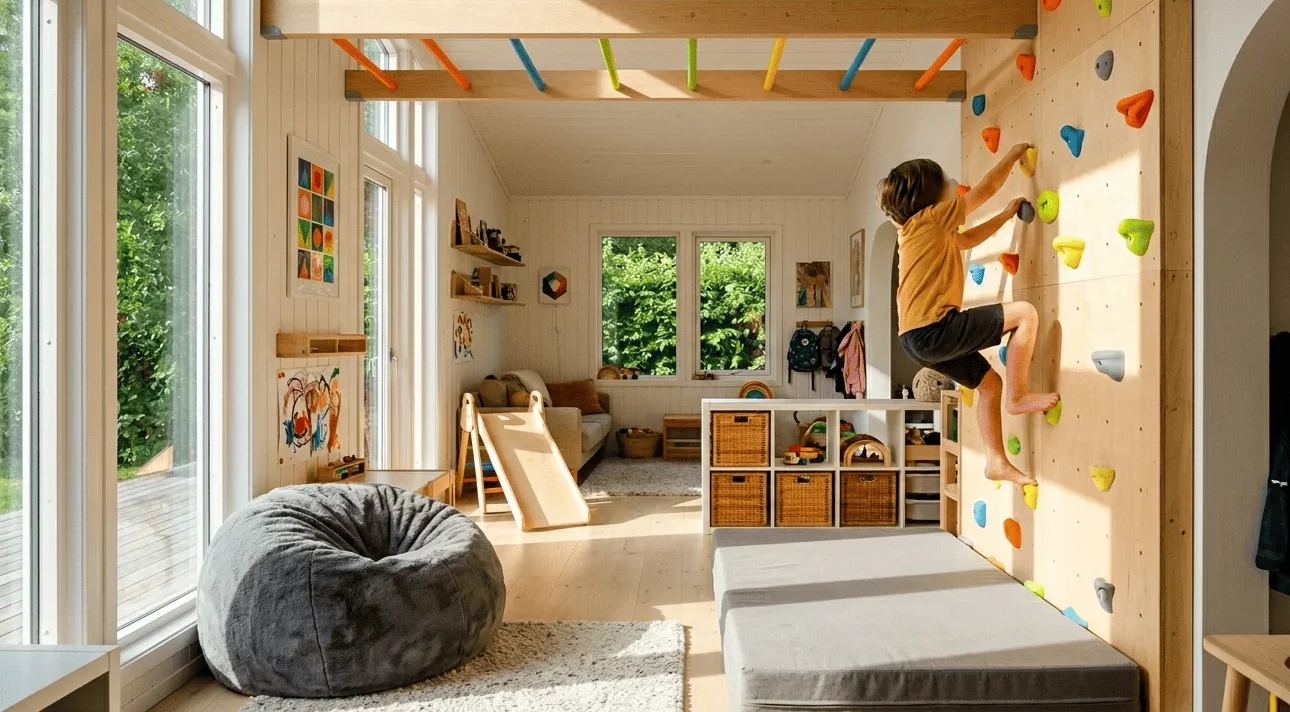 espacio de juego en casa con rocódromo y monkey bars para desarrollo infantil