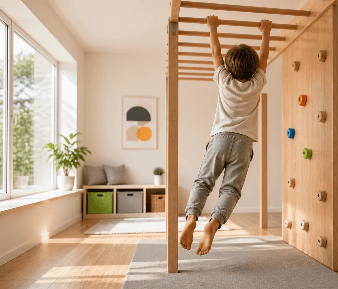 niño usando espacio de juego en casa con rocódromo y barras desarrollando fuerza coordinación y regulación