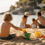 Niño jugando en la playa con materiales de juego y movimiento en un entorno familiar luminoso sin uso de pantallas