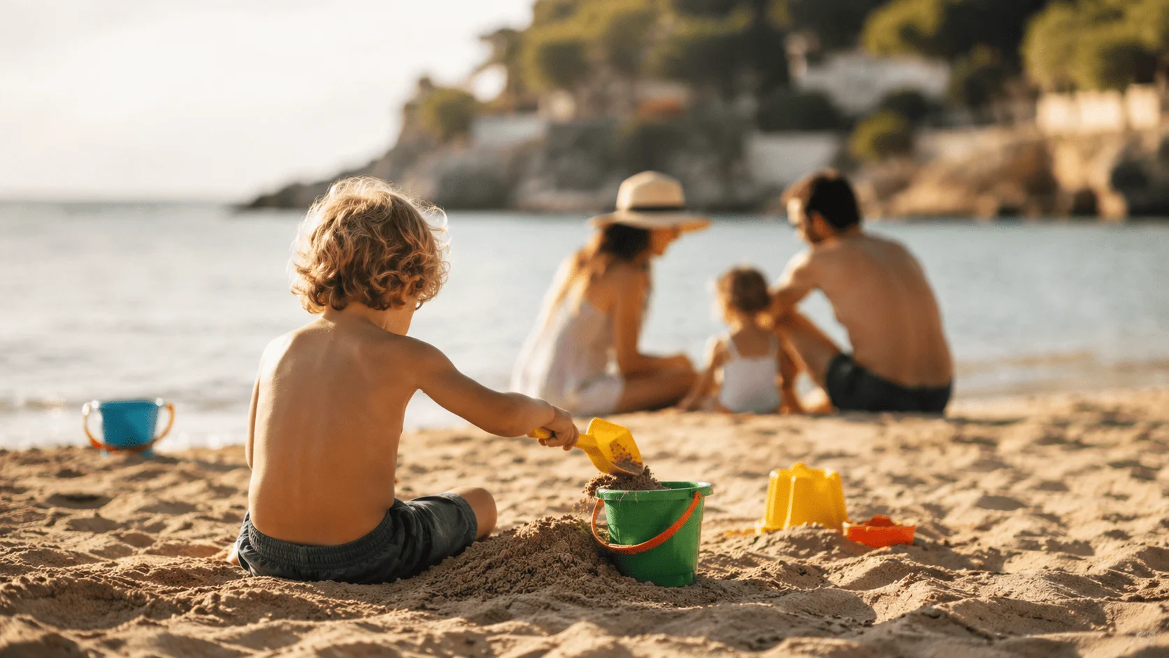Niño jugando en la playa con materiales de juego y movimiento en un entorno familiar luminoso sin uso de pantallas