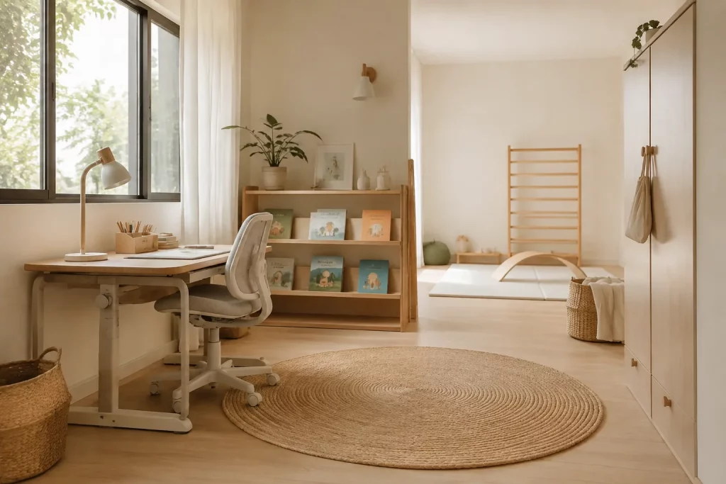 Habitación infantil organizada para la vuelta al cole con zona de estudio y movimiento