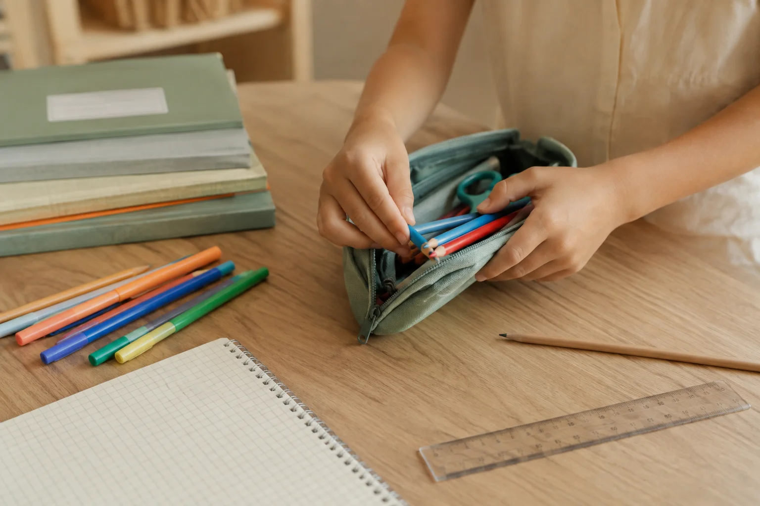 Niño ordenando el material escolar antes de la vuelta al cole