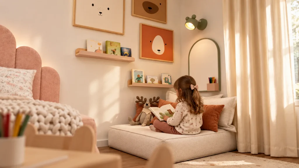 Niña leyendo un cuento en un rincón de lectura integrado en su habitación