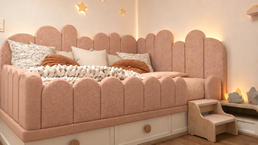 Cama infantil con barrera tapizada y escalón de acceso en habitación personalizada