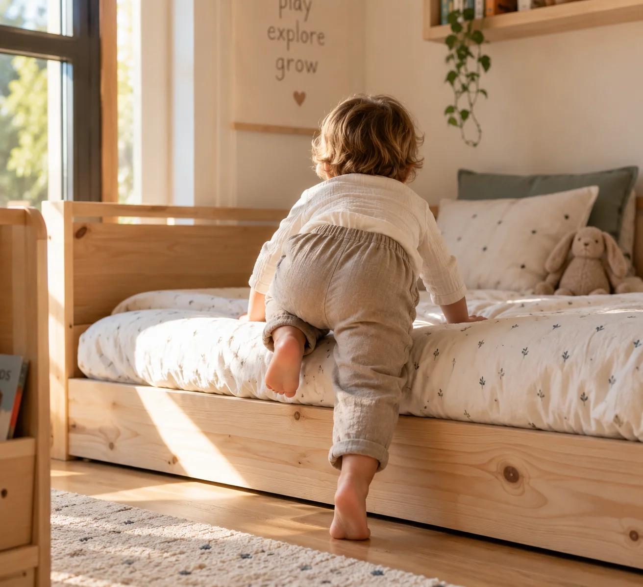 Niño accediendo de forma autónoma a su cama Montessori baja