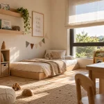 Cama Montessori baja en una habitación infantil luminosa y ordenada