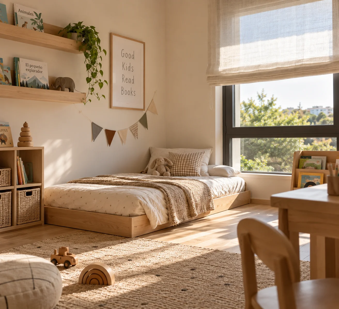 Cama Montessori baja en una habitación infantil luminosa y ordenada
