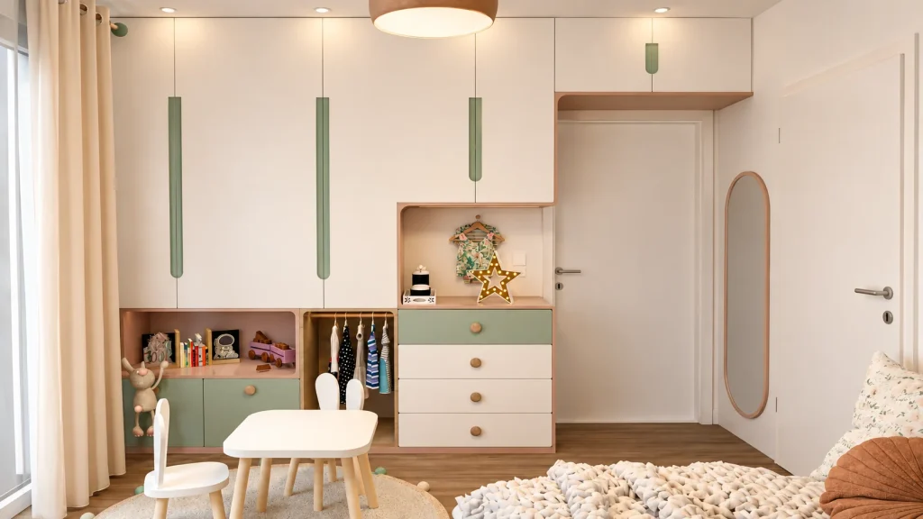 Habitación infantil con armario a medida, almacenaje, mesa infantil y zona para ropa y juguetes