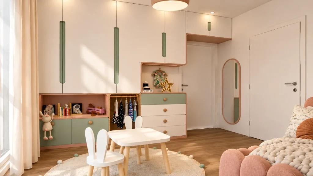 Habitación infantil con mobiliario a medida, armario accesible y zona de actividades