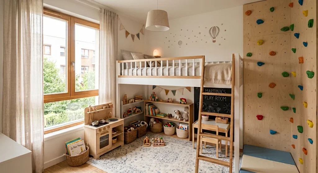 Habitación infantil pequeña con cama elevada y zona de juego aprovechada