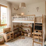 Habitación infantil pequeña con cama elevada y zona de juego aprovechada