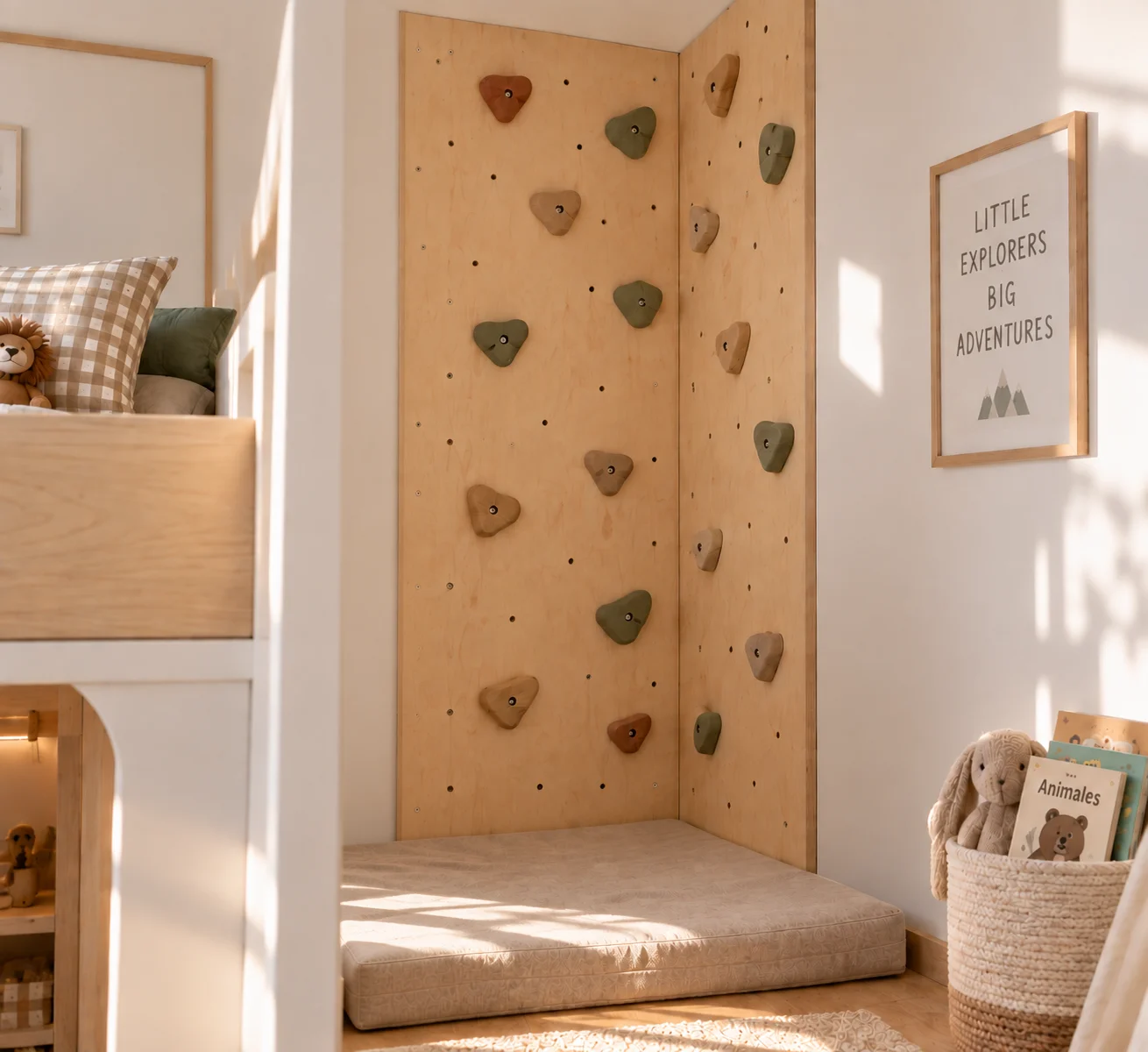 Pequeña zona de escalada aprovechando una esquina en habitación infantil reducida